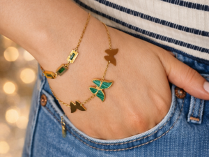 STAINLESS STEEL GREEN DOUBLE BUTTERFLY BRACELET (1312)