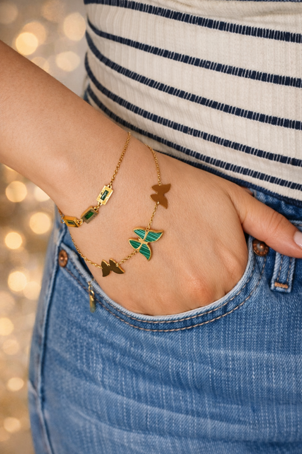 STAINLESS STEEL GREEN DOUBLE BUTTERFLY BRACELET (1312)