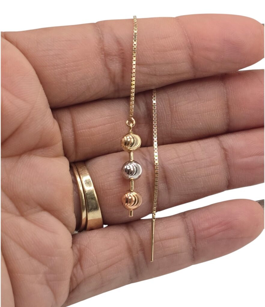 TRI-TONE LONG BALL EARRINGS 14 K(10070)
